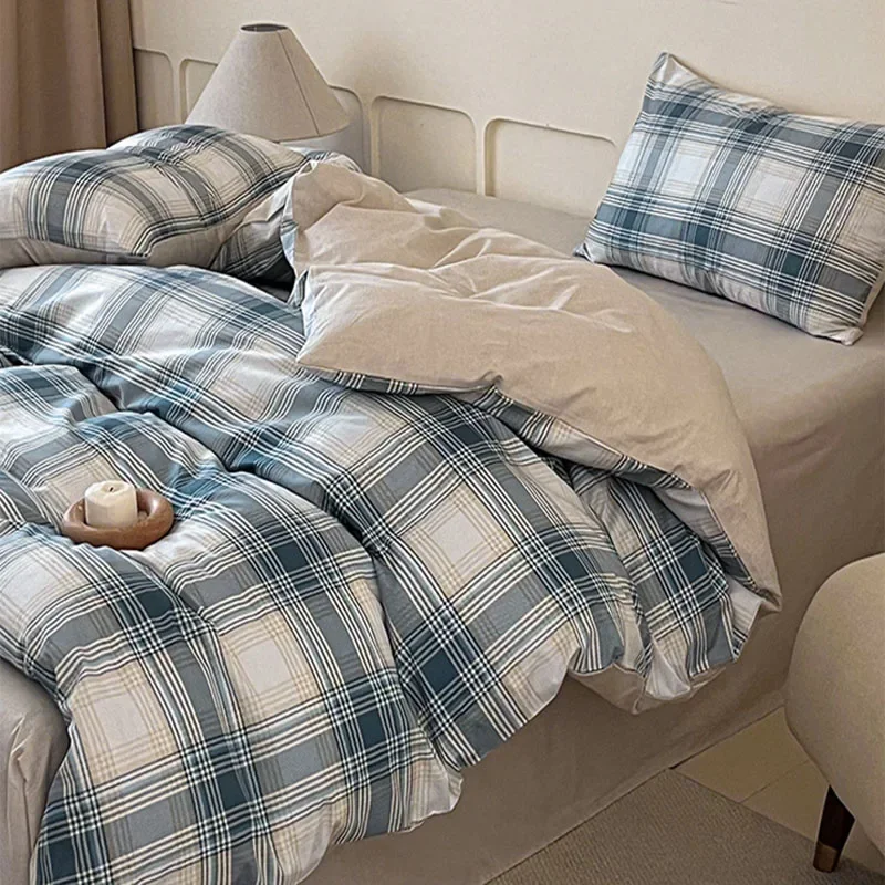 

High Quality Grid Printed Flat Sheet Bedding Sets Light Luxury Cotton Soft Quilt Cover Single Double Bed Comfort Set for Adults