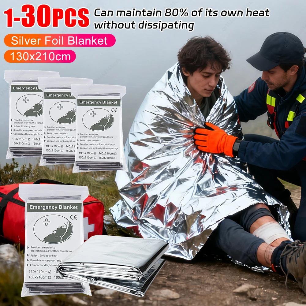 Couverture Poncho thermique d'urgence, légère, pliante, résistante à l'eau, pare-soleil coupe-vent, réutilisable, tapis de Camping de premiers secours, 1 à 30 pièces