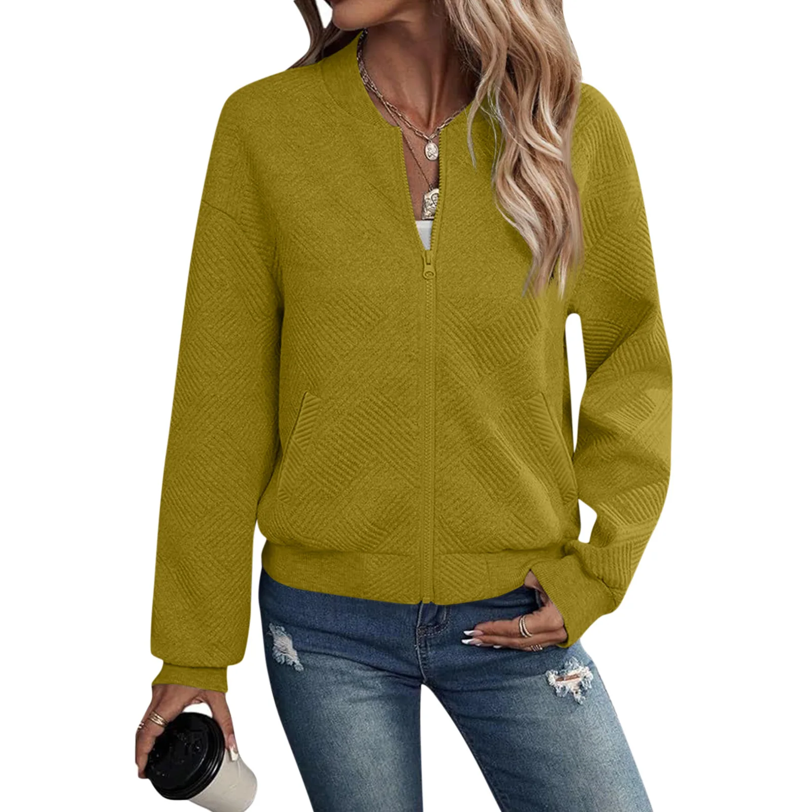 

Female Long Sleeve Zip Up Sweatshirts Jackets Full Zipper Lightweight Jacket Casual Basics Plain Color ocket Loose Outwear Coat