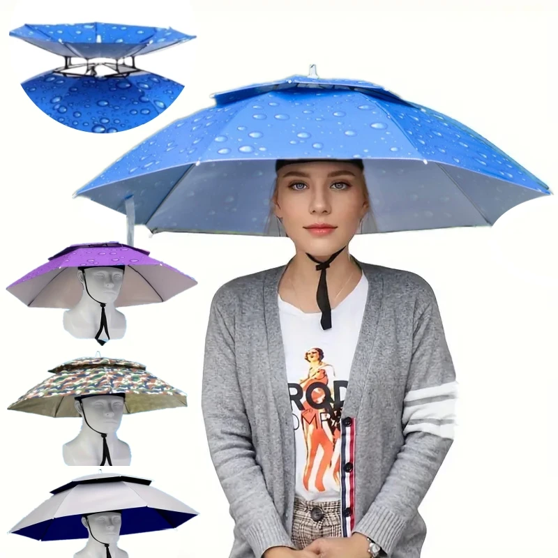 Faltbarer Regenschirm-Hut, wasserdichter Sonnenschutz, Strandkappe, doppellagiger UV-Schutz, Angelkopfbedeckung für Outdoor-Reisen