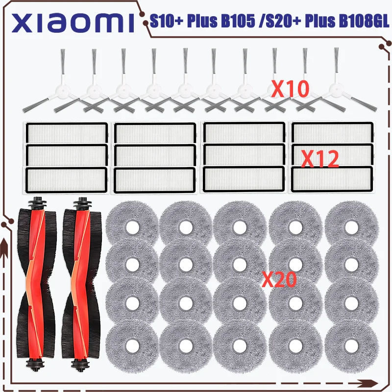 Fit For Xiaomi Robot Vacuum S10+ Plus B105 / S20+ Plus B108GL Parts Main Roller Side Brush Hepa Filter Mop Cloth Accessories