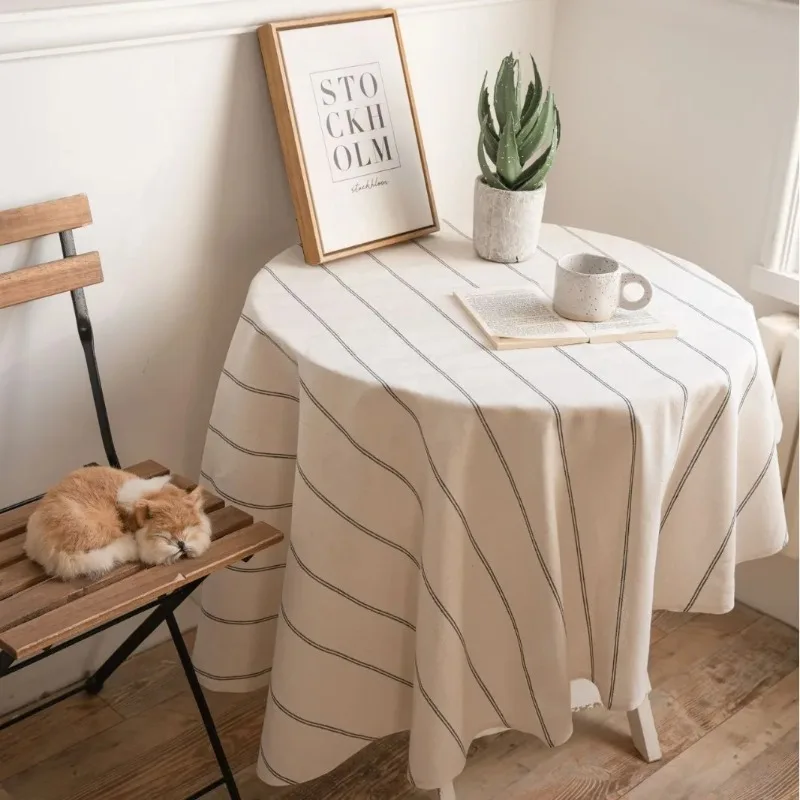 

Round Tablecloth Diameter 150cm Cotton and Linen Dustproof Thickening Stripes Dining Table Decoration Accessories Table Cloth