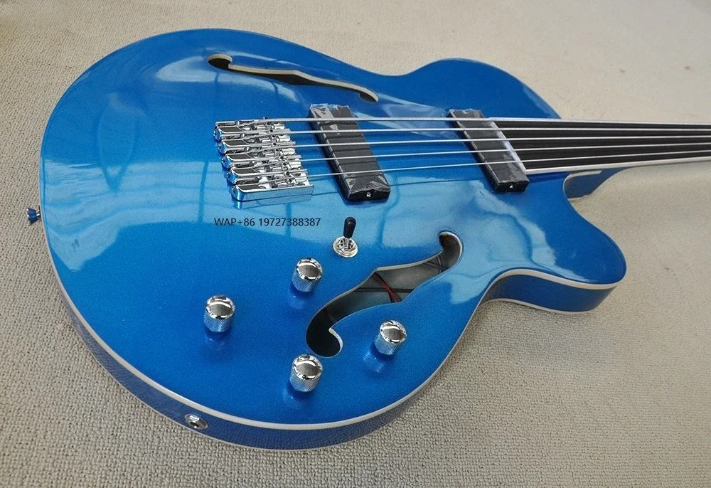 Metal Blue 5 Strings Electric Bass Guitar Rosewood Bass Guitar Side Hole Body Bass