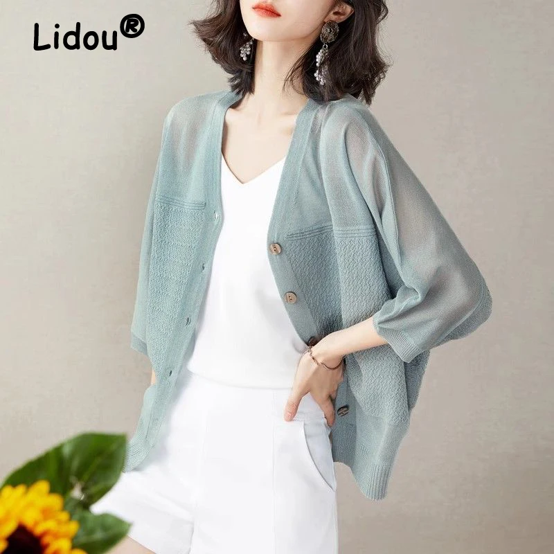 Women\'s Clothing Summer Fashion Elegant All Match Ice Silk Thin Knitted Cardigan Simple Solid V Neck 3/4 Sleeve Loose Chic Tops