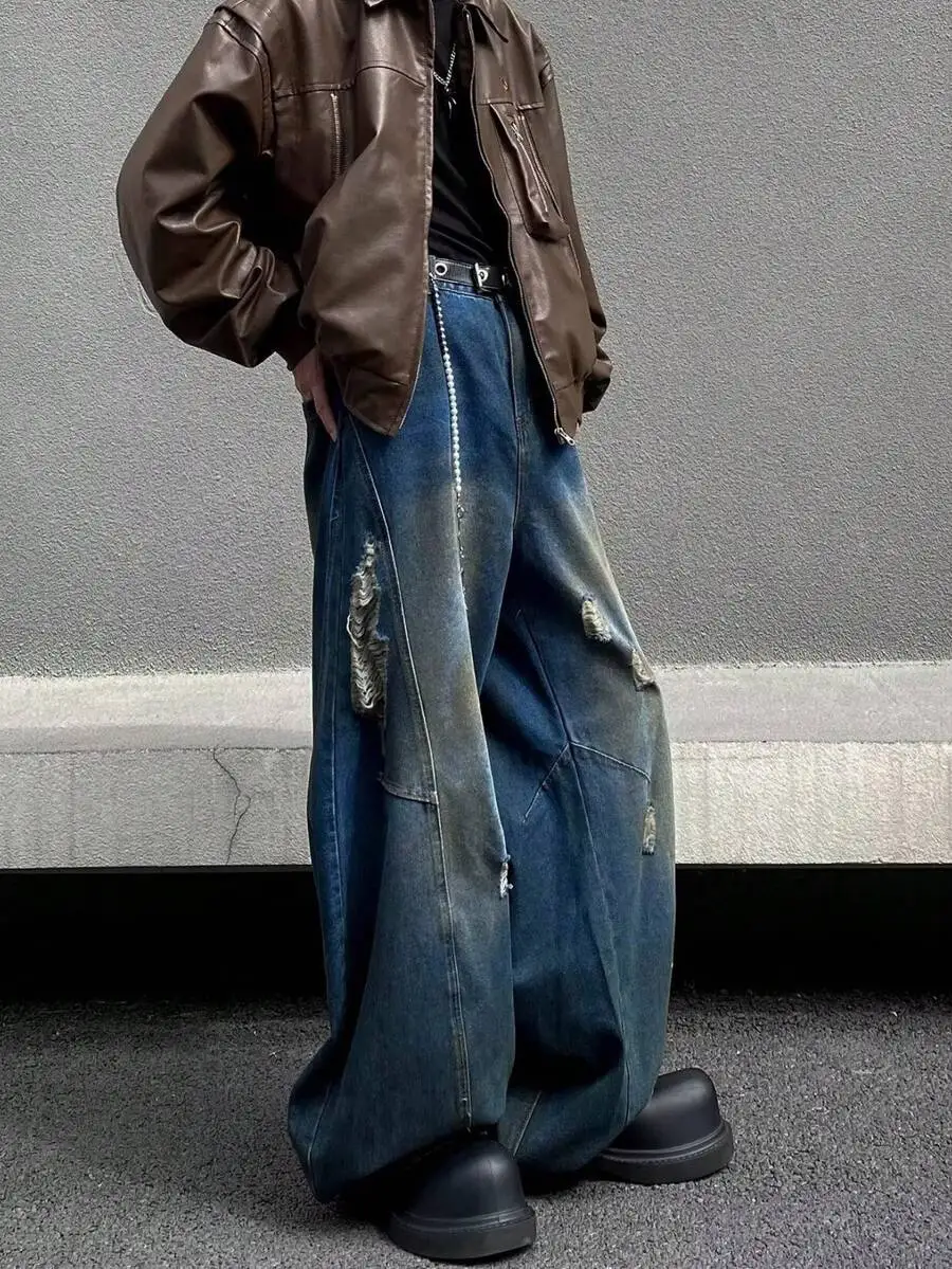 

American Retro Washed Loose Wide Leg Ripped Jeans For Men