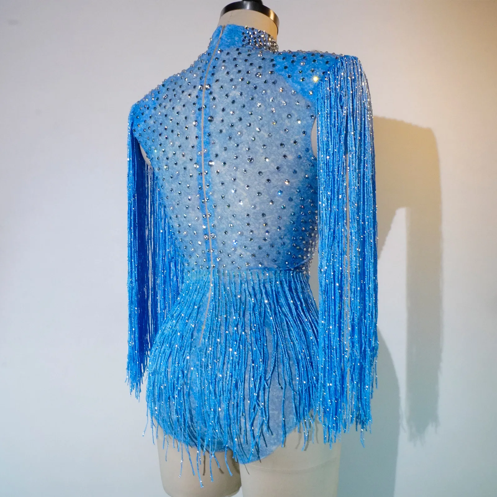 High Quality Hot rhinestones blue bodysuit Tassel Sexy mesh Elastic Jumpsuit 2024 Fashion pole dance stage Women team Clothing