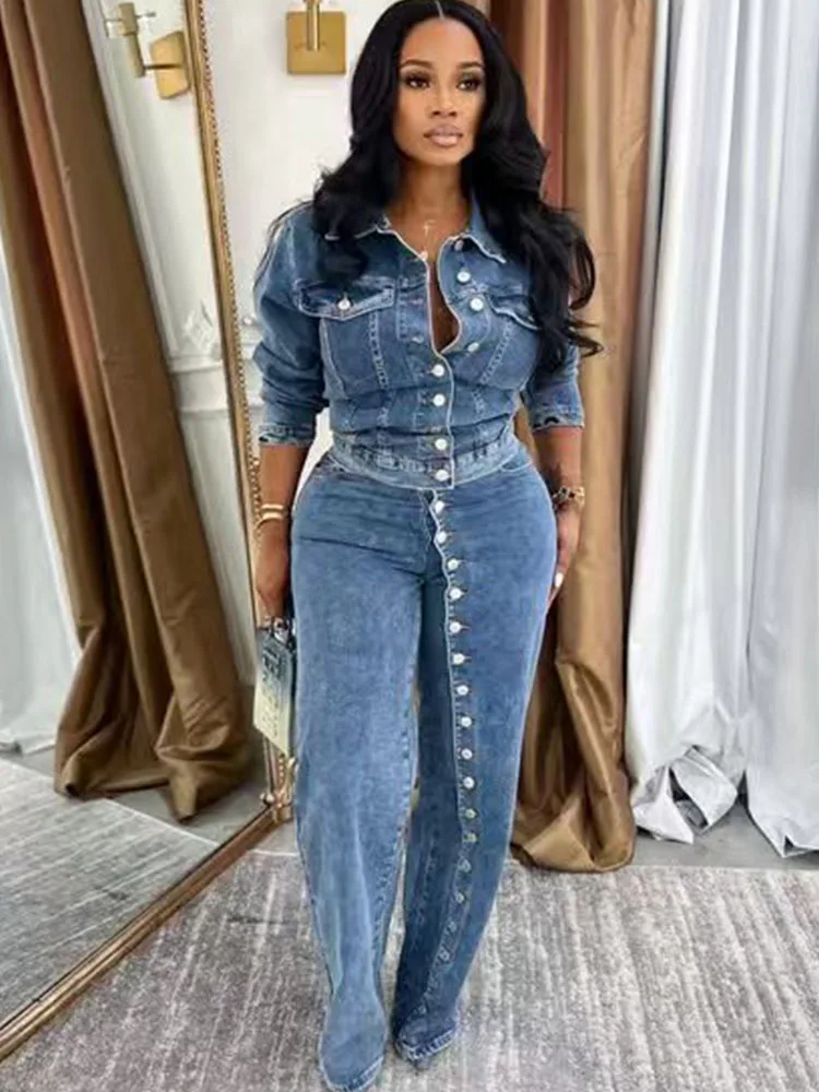 

Streetwear Denim 2 Piece Set Woman Autumn Winter Single-breasted Button Jacket Top and Wide Leg Pants Jeans New in Matching Sets