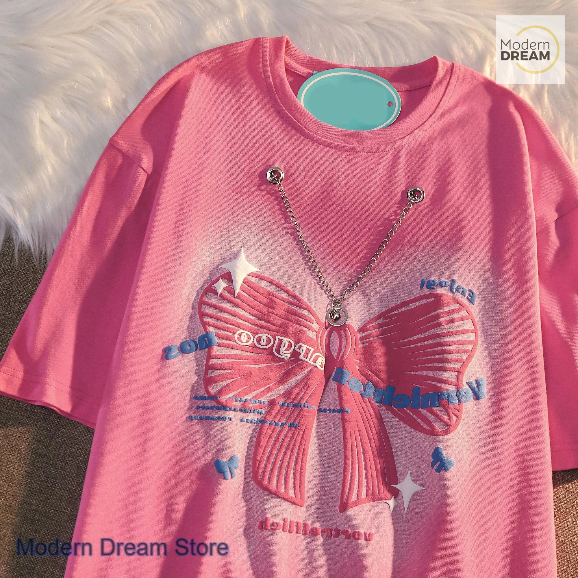

Korean style sweet and cool bow necklace pendant T-shirt women's summer new fashion plus size loose chic casual graphic t shirts