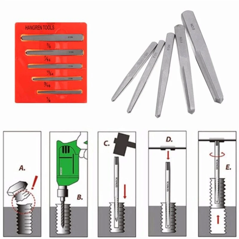 Straight Fluted Square Broken Screw Extractor for Household Professional Electrician 1/8 3/16 15/64 5/16 3/8 5 Pieces