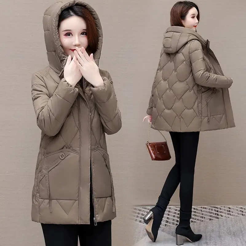 

Women Cotton-Padded clothes 2024 New Winter Puffer Jacket Mid-Length Warm Down Parkas Mom slim outerwear Casual Hooded Coat R008