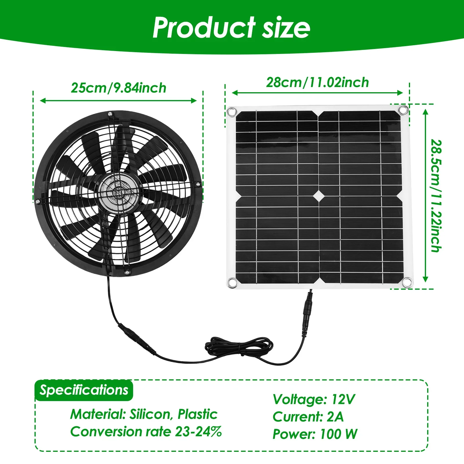 100W Exhaust Fan With Solar Panel Sets Round Ventilation Case Exhaust Fan for Outdoor Chicken Coop Greenhouse Shed Fan