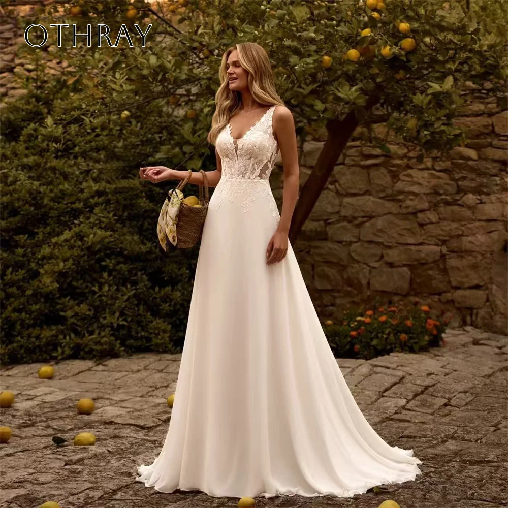Abito da sposa a trapezio in pizzo con scollo a V Abito da sposa in chiffon plissettato Sweep Train Bottoni senza schienale Personalizzato с iyoдебное пла coi