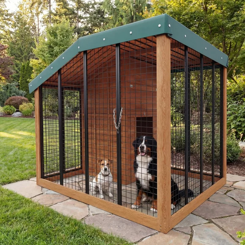 

' x 5' Cedar Wood Dog House, Weatherproof Outdoor Kennel with Sloped Roof, Rear Access Door and Safety Lock, Built-in Storage S