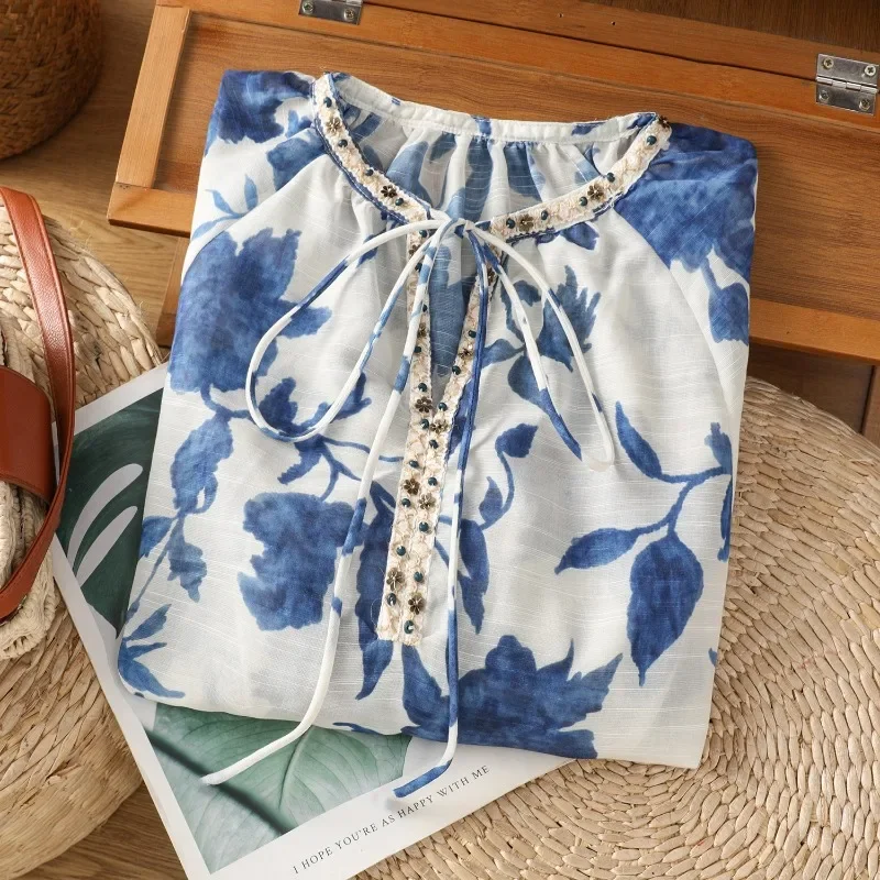 

Chinese Style Women's Blouses Printed Vintage Shirts Fashion Loose Summer Clothing Short Sleeve Cotton Linen V-neck Women Tops