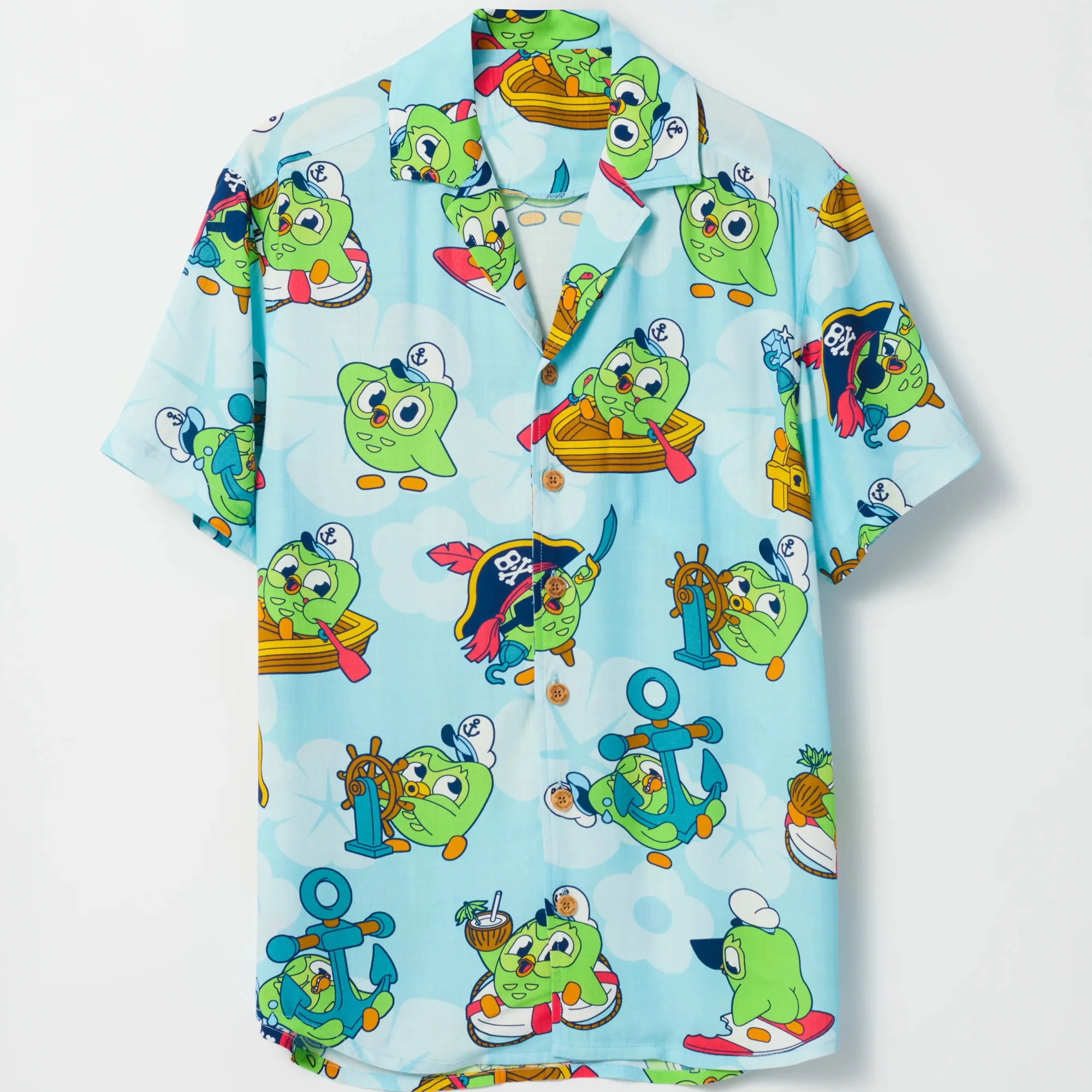 

New Duolingo Owl Shirts Men Cartoon Bird Pirate Print Shirt Casual Short Sleeve Hawaiian Shirt Lightweight Breathable Beach Top