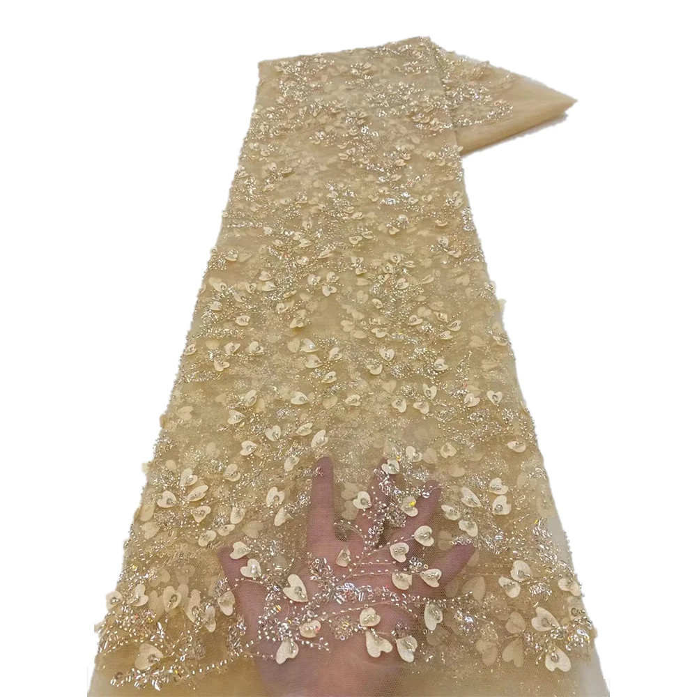 Newest Embroidery Beaded Lace Fabrics With Stones High Quality Mesh 5 Yards Fabric Luxury Beades Lace Sewing Wedding Dress Tulle
