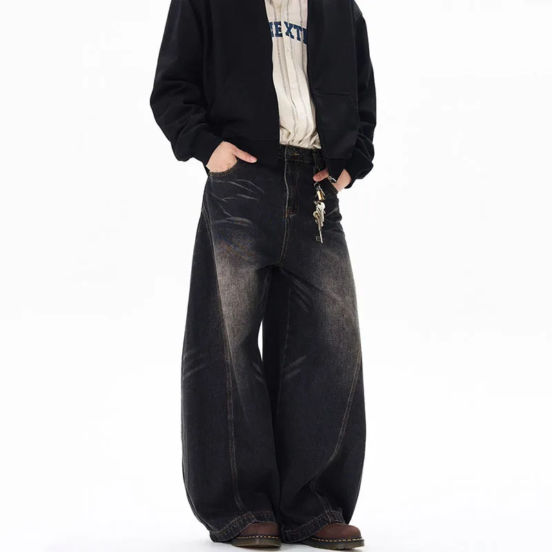 Spring New Men'S Jeans Wide Leg Pants Loose Machete Jeans Vintage Lightning Cracked Denim Trousers