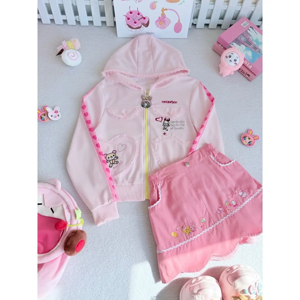 Japanese Preppy Style Sweet Pink Zip-up Hoodie + High Waist Embroidery Denim Pleated Skirt Cartoon Mp 2 Pcs Sets Women Suits