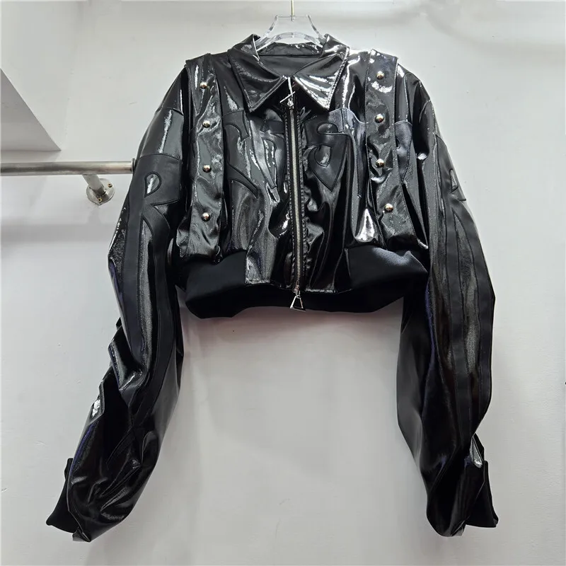 HKSH printemps automne nouvelles femmes veste courte Faux cuir lettre broderie Rivet Double fermeture éclair Streetwear américain élégant HK12019