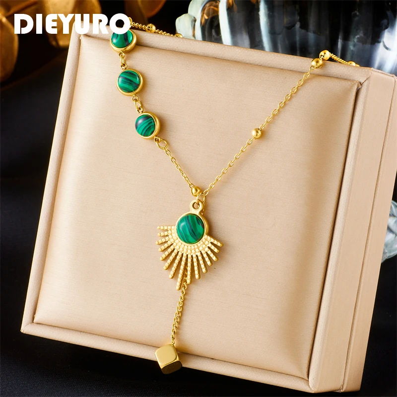 DIEYURO 316L Stainless Steel Retro Green Stone Cube Pendant Necklace For Women Girl Fashion Neck Chain Jewelry Lady Holiday Gift