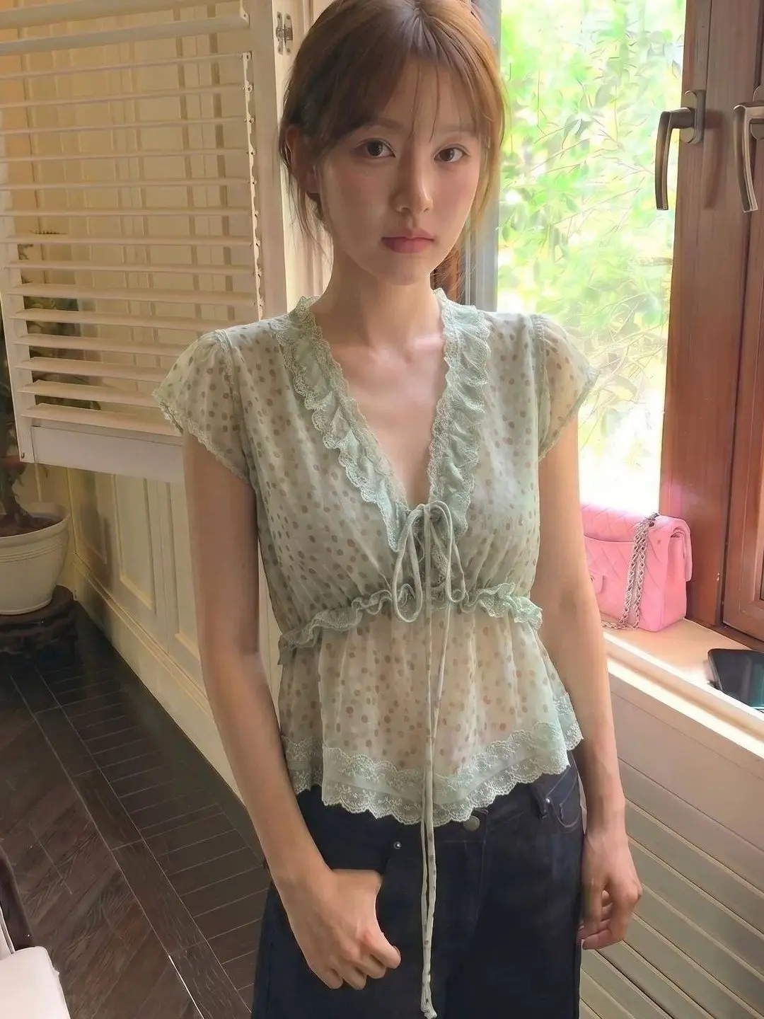 Green Polka Dot Lace Trim V Neck Small Fly Sleeve Chiffon Top Women Summer Semi Transparent Slim Fit Versatile Top