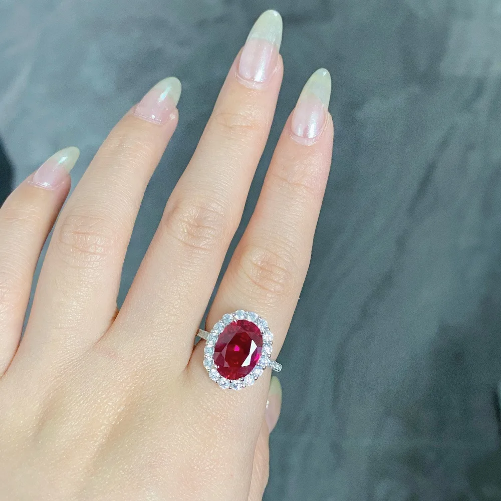 Super Weißgold 18 Karat Ring ovale Form 8ct Rubin Verlobung sring für Frauen großes brillantes Geschenk für Mädchen Geburtstag rote Edelsteine Schmuck – Detail 6