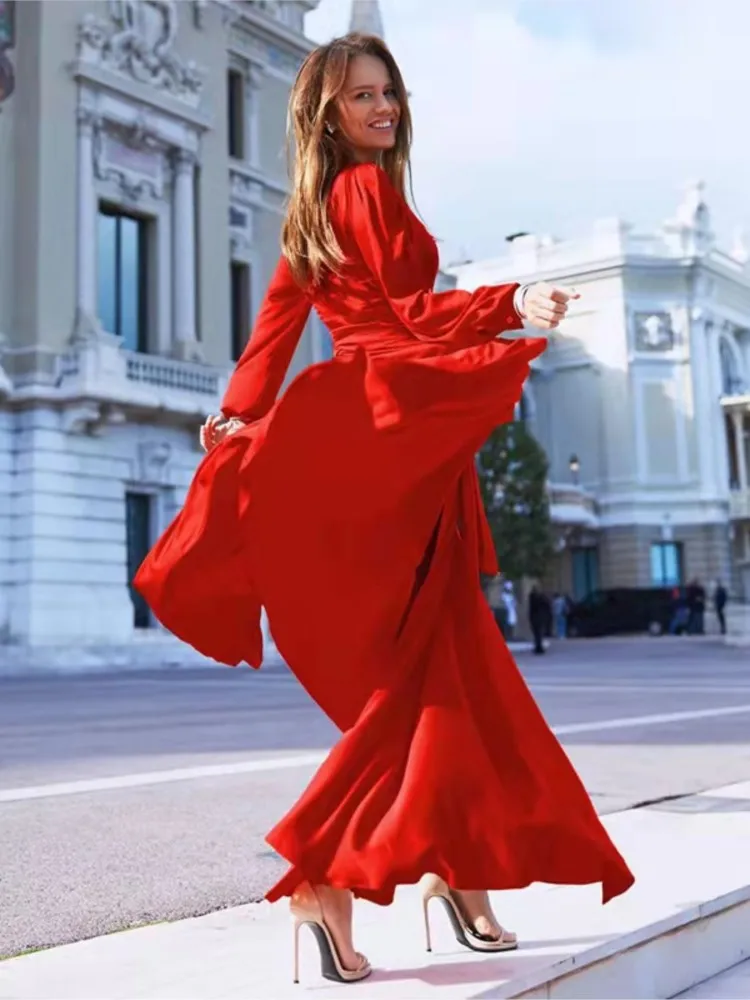 2025 Spring New Arrival Long Sleeve Sexy Dresses Summer Fashion Chiffon V-Neck A-Line Side Split  Dress Elegant Female Clothing