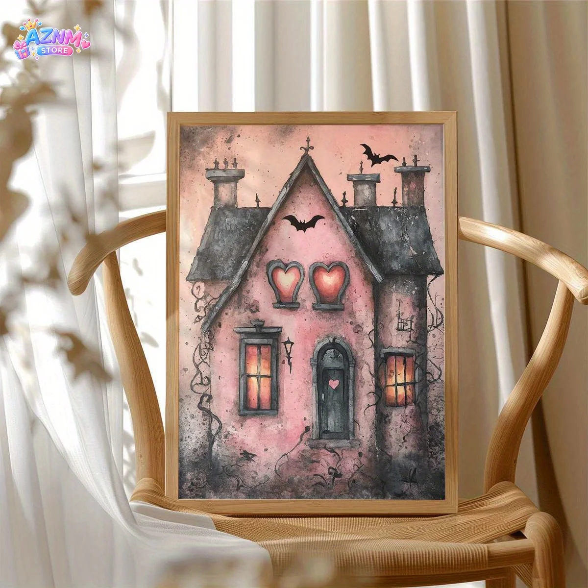 2D Flat, 2D Flat, 1pc 2D Flat Prints Featuring a Pink Haunted House in a Watercolor Style, Designed for Wall Decoration. Thes