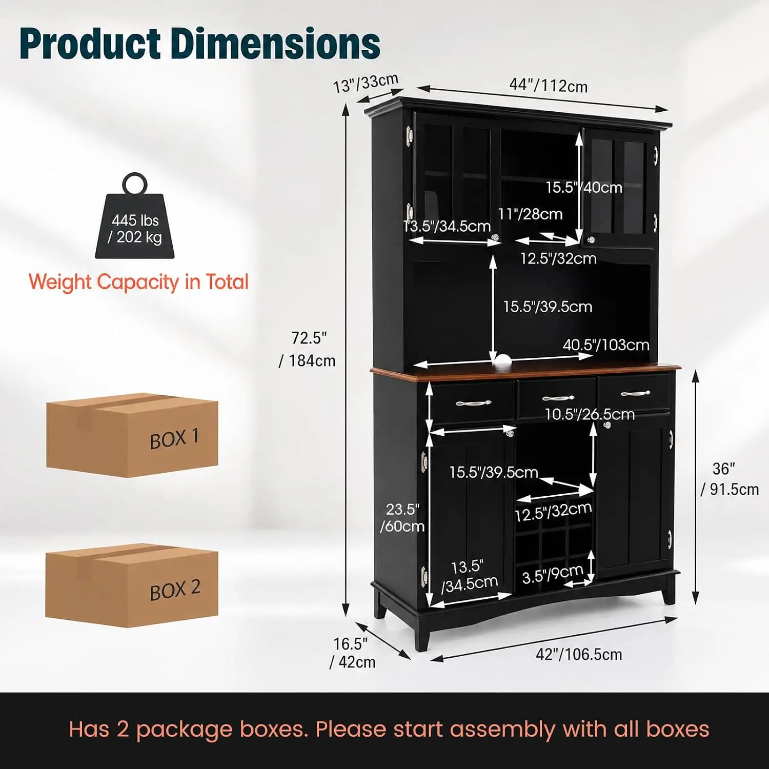 Kitchen Cabinet W/ 4 Doors, 3 Drawers & 9 Wine Grids, Black, Customized