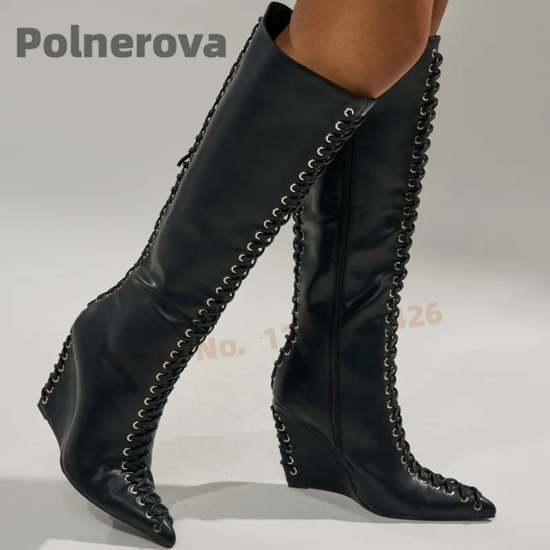 

Lace Up Wedges Knee High Boots for Women Black Leather Pointed Toe Side Zipper Boots Sexy Cross Tied High Heels Autumn Shoes