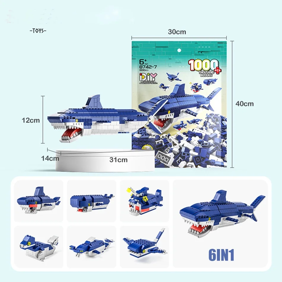 1000 قطعة 6 في 1 أسماك القرش المحيط عالم البحر اللبنات تحت سطح البحر الحيوان خلق الطوب لعبة تعليمية للأطفال