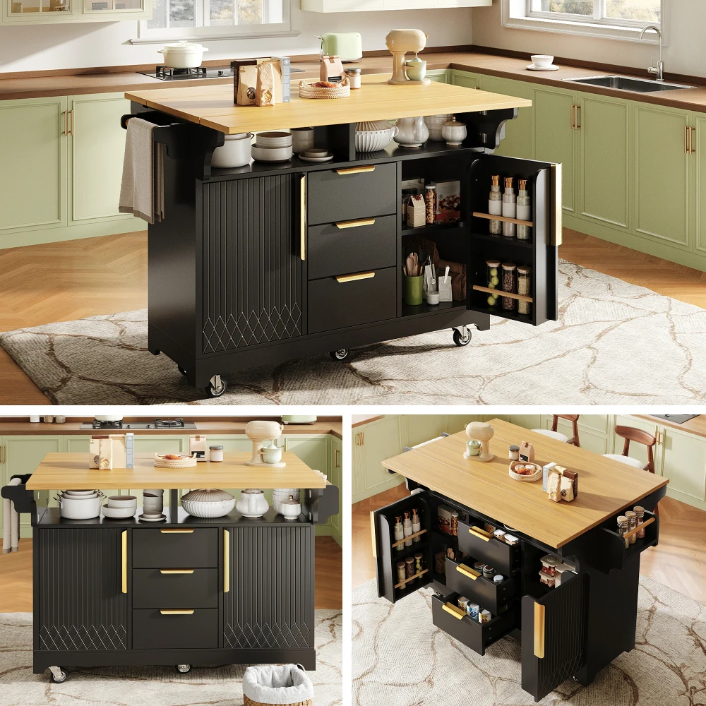 Isola da cucina multifunzionale con estensione del tavolo da pranzo posizionabile liberamente, ante con motivo verticale, ampio spazio di stoccaggio con cassetti, piano doppio, buffet da cucina