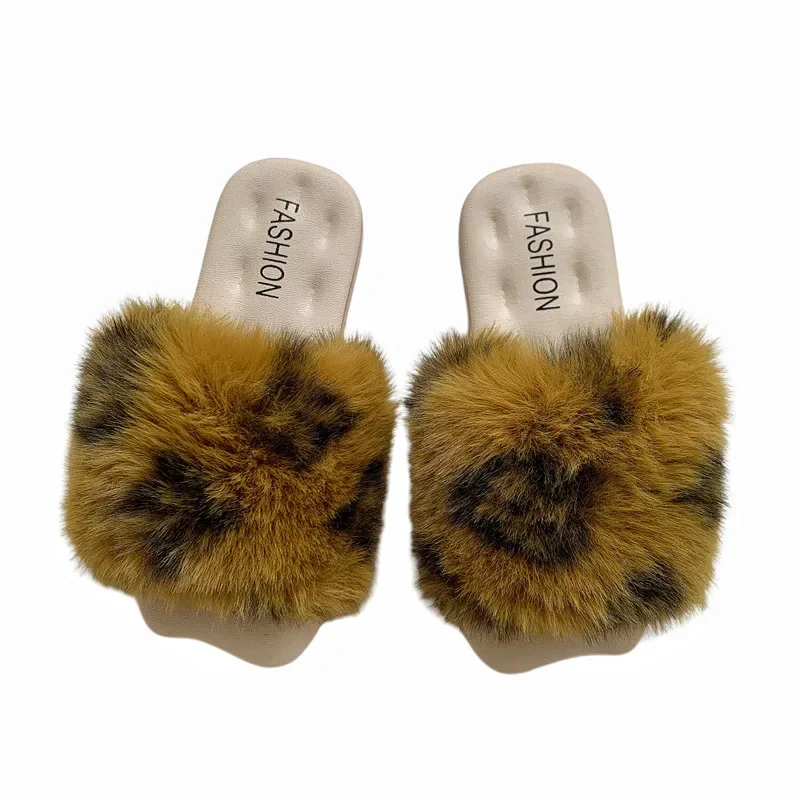 Autumn Winter Kids Fluffy Slippers Fashion Open Toe Soft Sole Girls Shoes Outdoor Princess Flat Slippers Faux Fur Kids Shoes