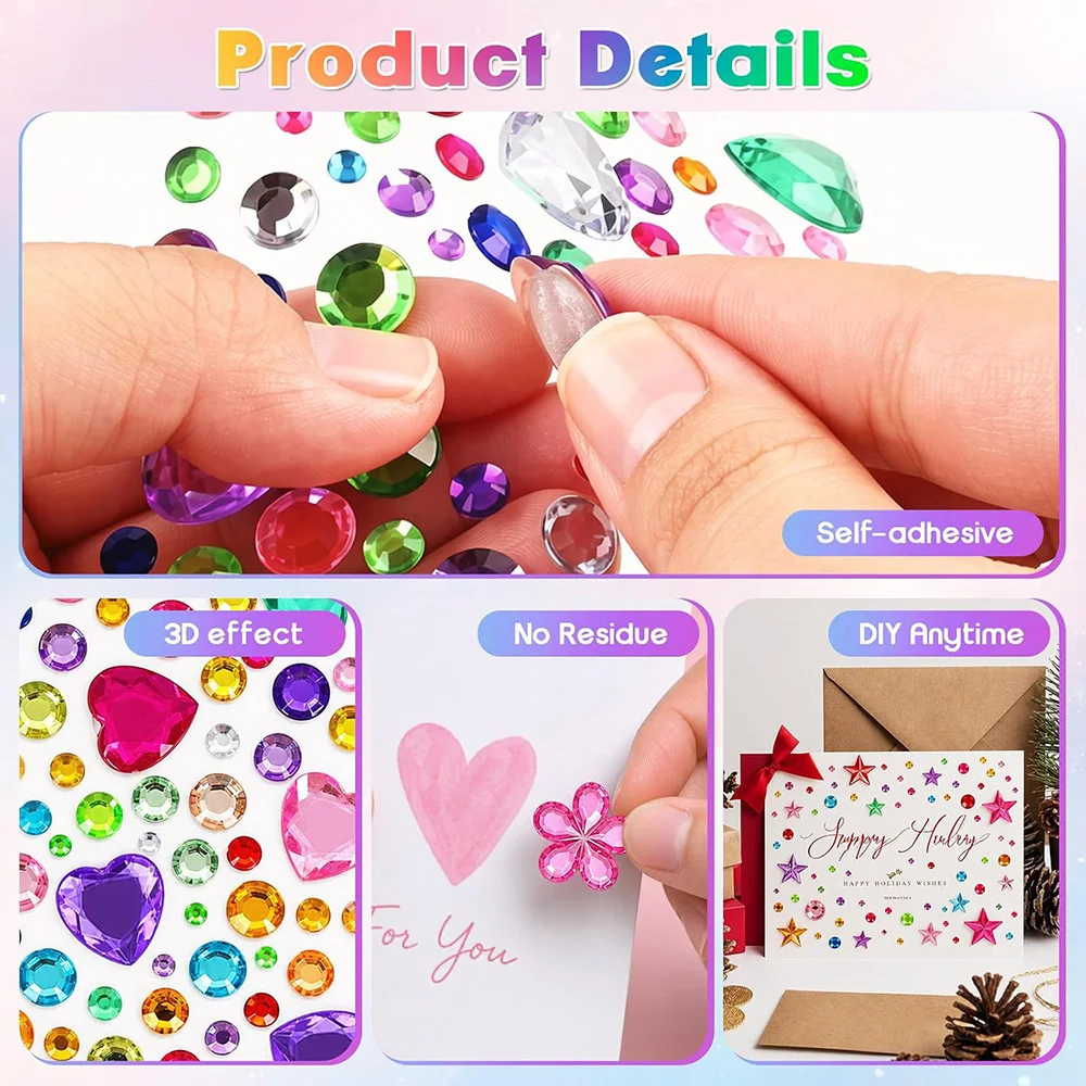 Kinder-Edelstein-Aufkleber, selbstklebend, Acryl-Strasssteine, verschiedene Formen, Kristall-Juwelen, DIY-Basteldekoration, Scrapbooking, Party, Festival – Detail 6