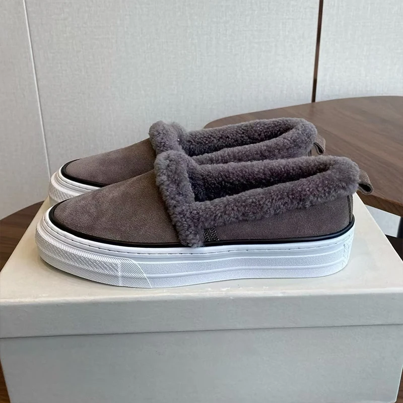 Flat Thick Bottom Round Toe Deep Mouth Walking Shoes Women Suede String Bead Decor Lazy Loafers Winter Wool Lining Snow Boots