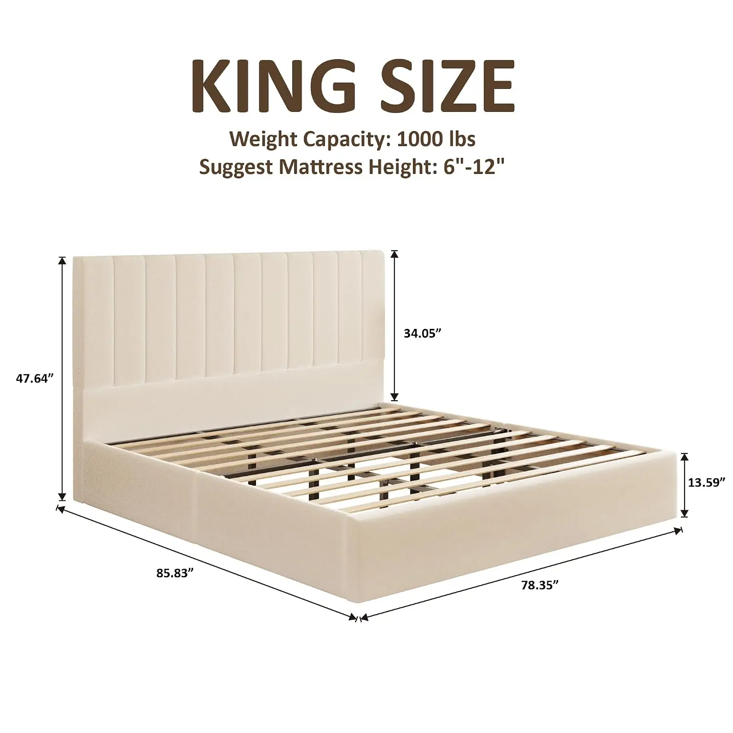 Velvet King Bed Frame with Headboard, Wood Slats & Metal Structure, No Box Spring Needed, Easy Assembly, Beige, Customized