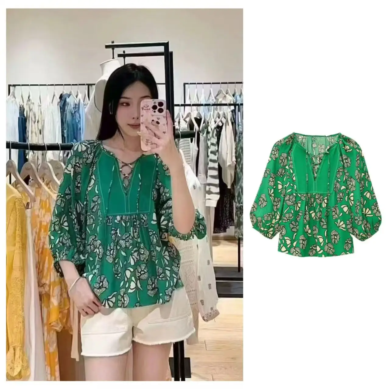 

Loose V-neck Love Series Paris Bas Shirt Baggy French Style Printed Belted Long Sleeve Women's Summer Blouse