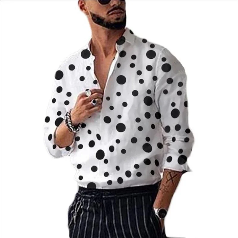 

Spring Autumn Polo-neck Polka Dot Printed Cardigan Shirt Hombre Long Sleeve Casual Fashion Buttons Top Men Slim All-match Blouse