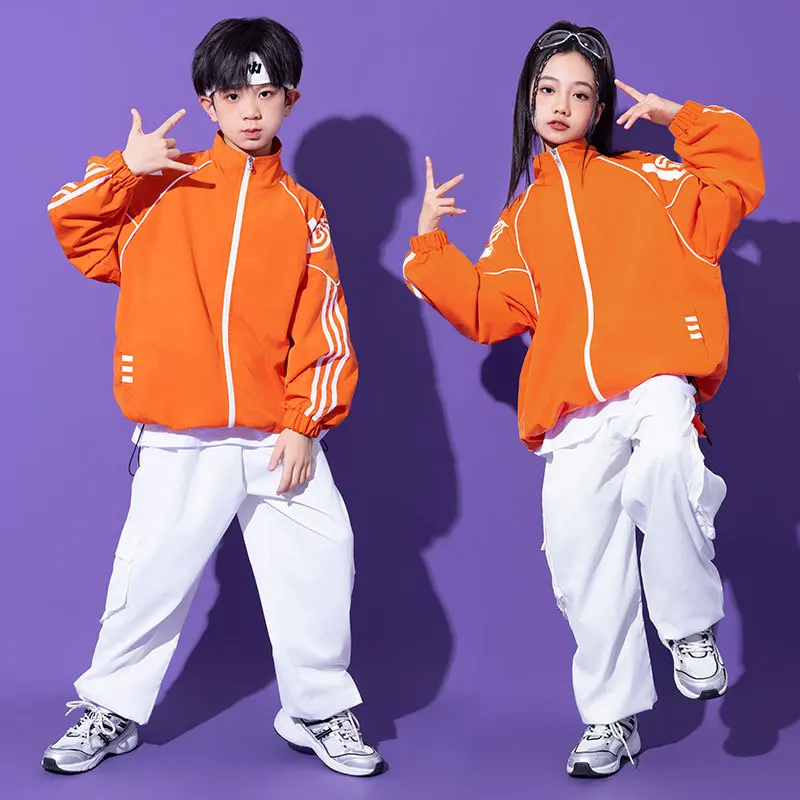 Kids Jazz Street Dance Costume Set Boys Fashion Orange Long Sleeved Jacket White Pants Set
