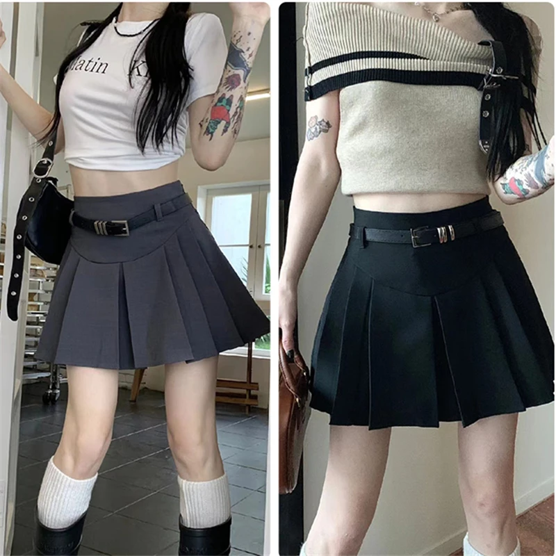 

With belt New Fashion High Waist Pleated Mini Skirt Korean Style Women Casual Spring Summer A-line Skater Short Skirts