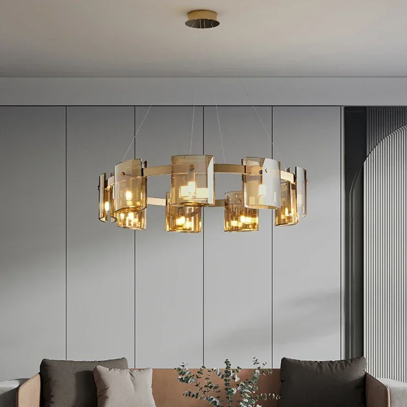 Modern Ceiling Led Lights Amber Smoky Glass Lighting Luxury Hanging Chandelier Dining Table Living