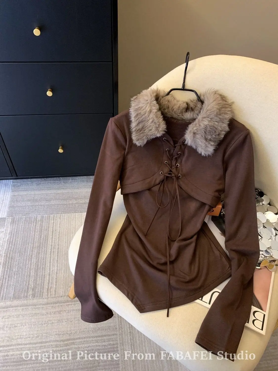 Kimutomo Women Winter New Fleece Trim Lapel Long Sleeve Top European Style Slim Fit Irregular Hem Tie Design Outerwear Shirts