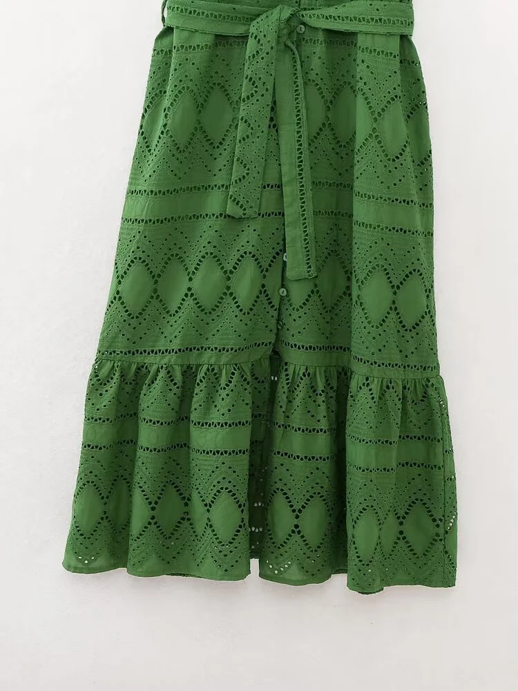 النمط الأوروبي والأمريكي الصيف الملابس النسائية الجديدة الفرنسية الرجعية جوفاء التطريز قميص على غرار فستان بأكمام قصيرة