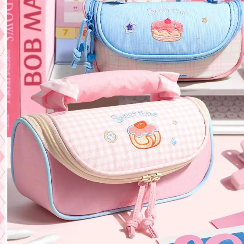 Aesthetic Check Large Capacity Portable Handle Pencil Bag Student Stationery Pouch Hand Tote Bag School Office Storage Supplies