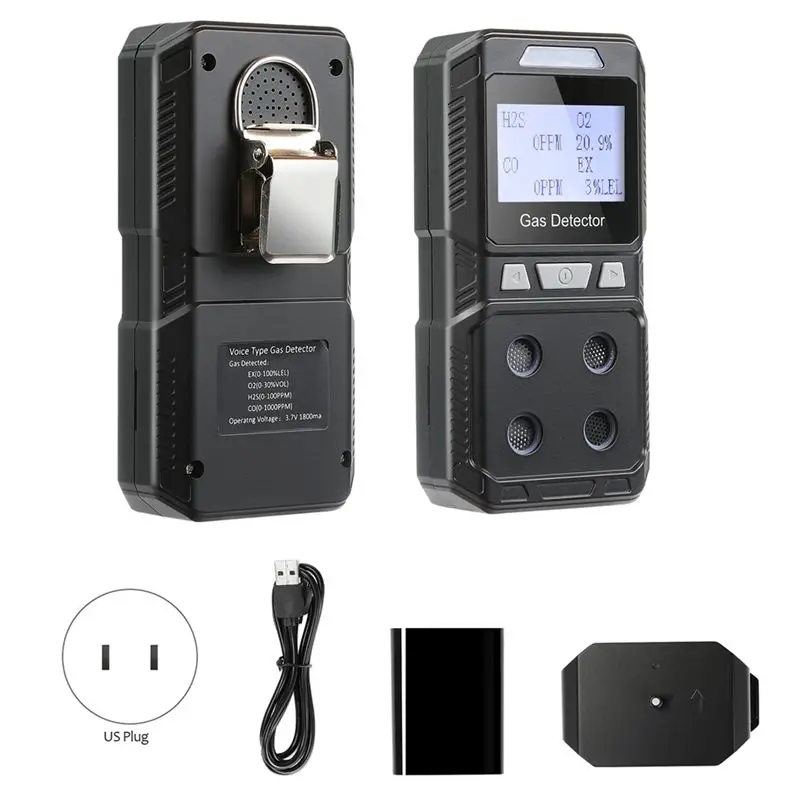 【DT56】Portable 4 Gas Detector Rechargeable Multi Gas Monitor Air Quality Tester Analyzer High EX O2 H2S CO US Plug