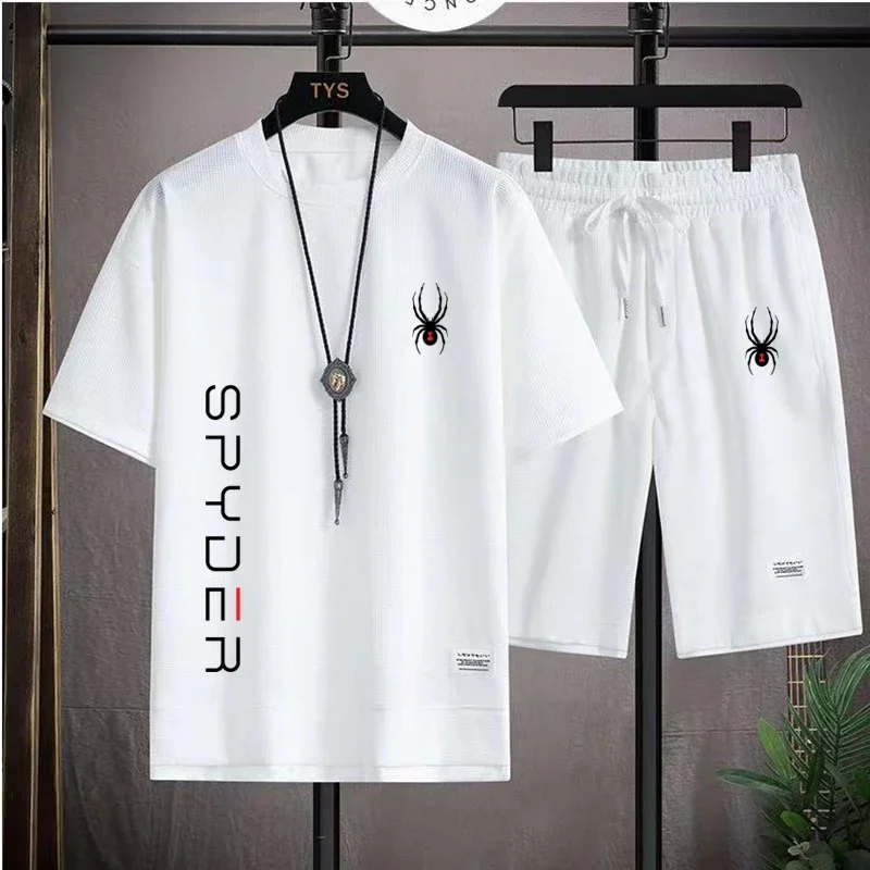 Korean Men's Tracksuit Short Sleeve T-shirts And Sports Summer Casual Outfits Joggers Sets Two Piece Suit Spider