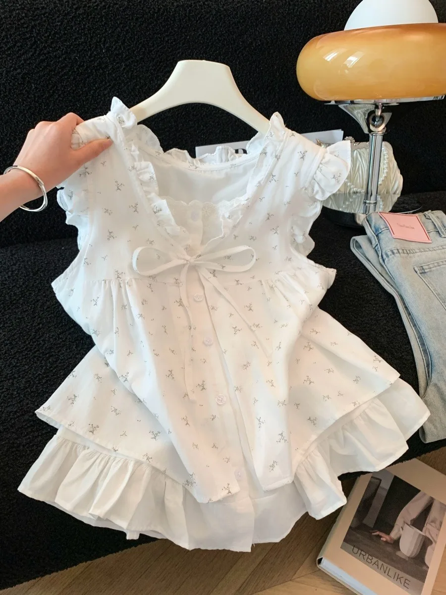 

Sweet Floral Lace Cap Sleeve Short Shirt Women's Loose V-neck Summer Doll Top Fashion City Walk Casual Comfortable Fit Shirt