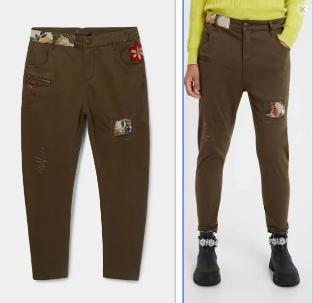 

Foreign trade original single Spanish made old embroidery stretch patchwork zipper casual pants