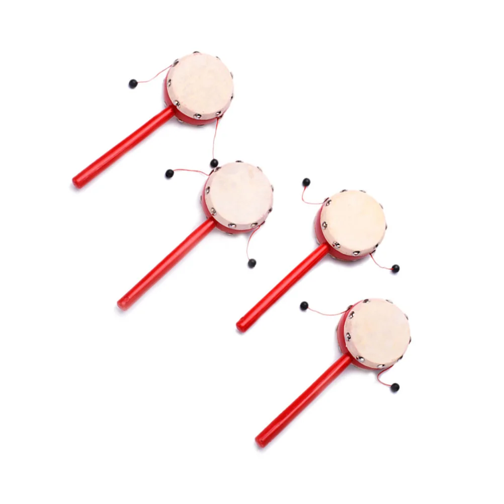 2Pcs Rattle Drum Wooden Red Handle Traditional Sheepskin Drumhead Stimulates Baby Listening Early Educational Musical Instrument