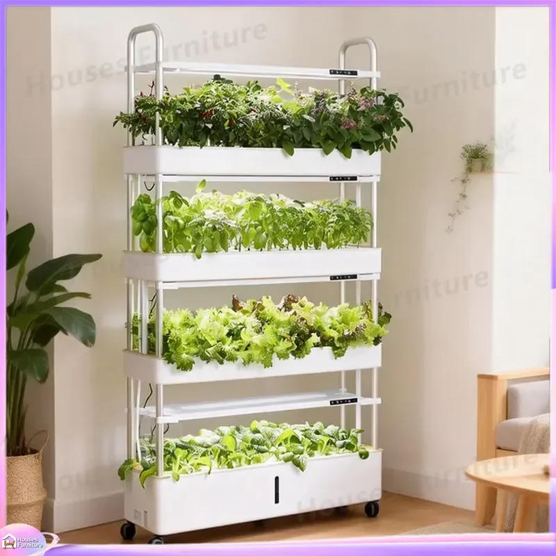 4 Tier Vertical Hydroponic Garden System Smart Water Saving Pump Mobile Rolling Rack Indoor Outdoor Planting Kit for Herbs